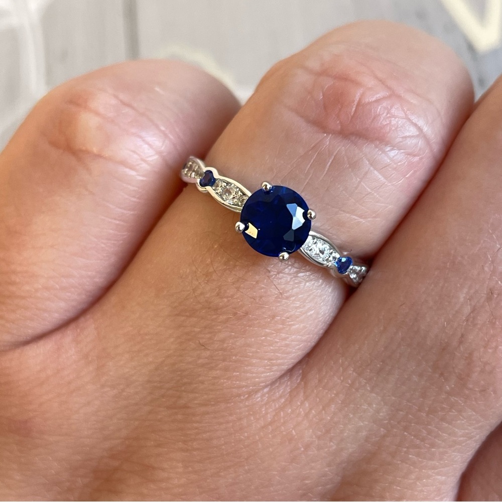 Sapphire Sterling Silver Ring CZ Blue Sapphire Ring Art Deco Band